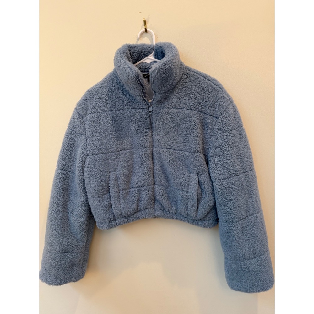 Fashion Nova Blue Teddy Faux Fur Cropped Puffer Jacket Small